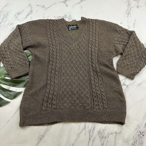 Nordic Design Hand Knitted Womens Sweater Size L Taupe Gray Open Knit Pullover